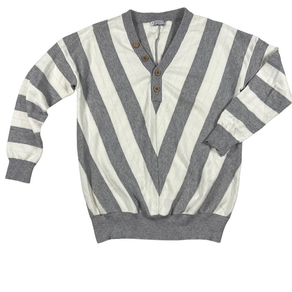 Collection by Cezele Gray/White Fiagonal Stripe Sweater Button V-Neck Size L